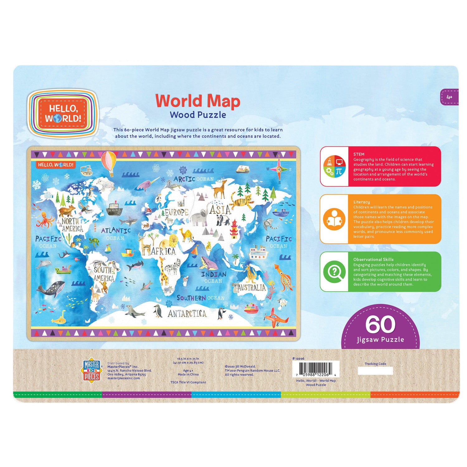 Hello, World! - World Map 60 Piece Wood Jigsaw Puzzle